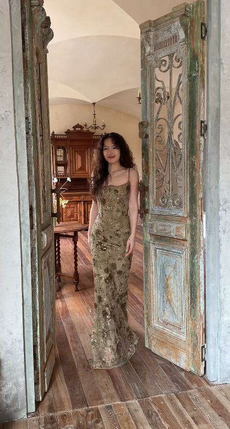 Chic Sheath Long Prom Dress Beaded Chiffon Spaghetti Straps Evening Dress DP04855