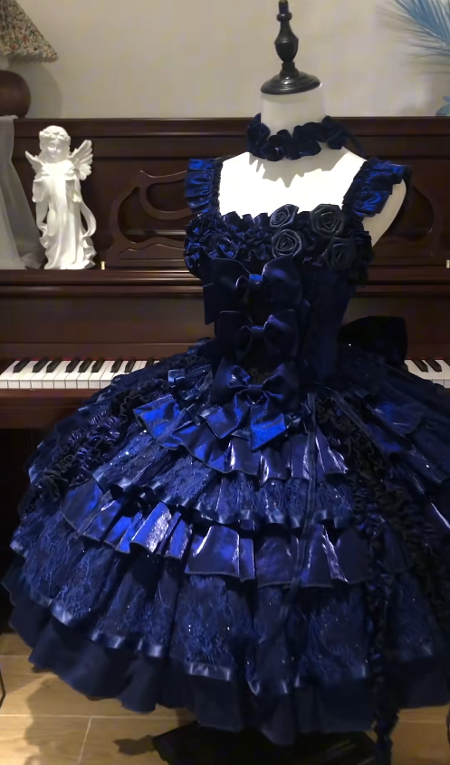 Fairy Ball Gown Royal Blue Lolita Dress Satin Lace Square Birthday Dress Long Sleeves Short Prom Dress DP04866