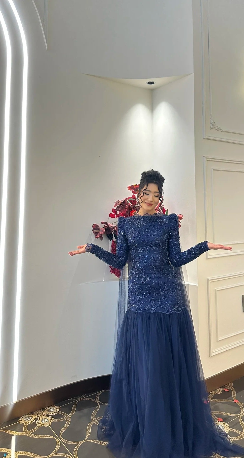 Elegant Sheath Navy Blue Long Prom Dress Jewel Tulle Beaded Evening Dress Long Sleeves Formal Dress DP04867