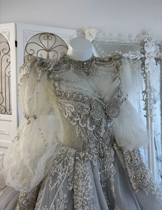 Gorgeous A-Line Gray Long Wedding Dress Jewel Tulle Beaded Bridal Dress Long Sleeves Bridal Gown DP04868