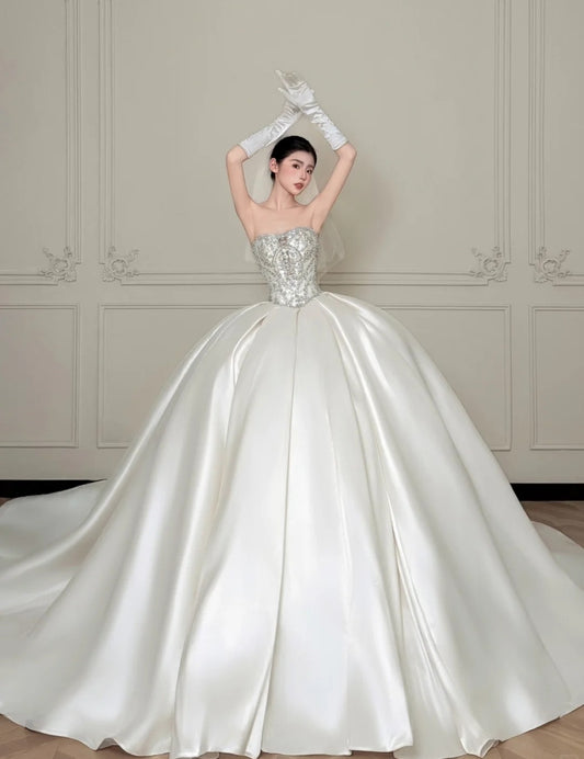 Gorgeous A-Line White Long Wedding Dress Satin Bridal Dress Sleeveless Bridal Gown DP04869