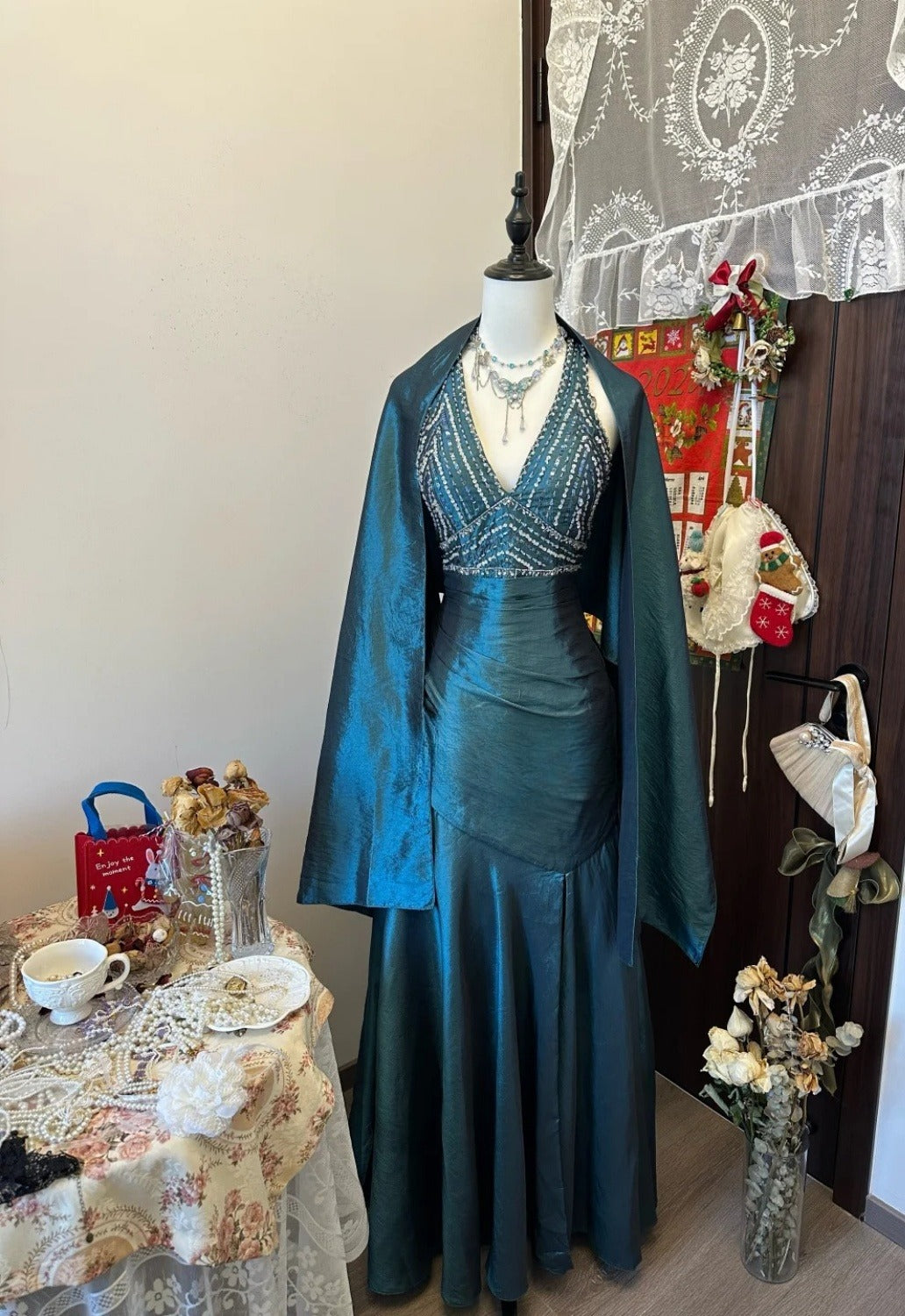 Cute Dark Teal Long Prom Dress Beaded Satin A-Line Sleeveless Evening Dress DP04876