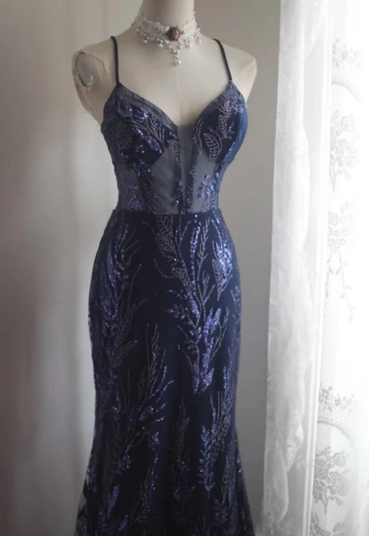 Cute Navy Blue Long Prom Dress Beaded Tulle Mermaid Sleeveless Evening Dress DP04877