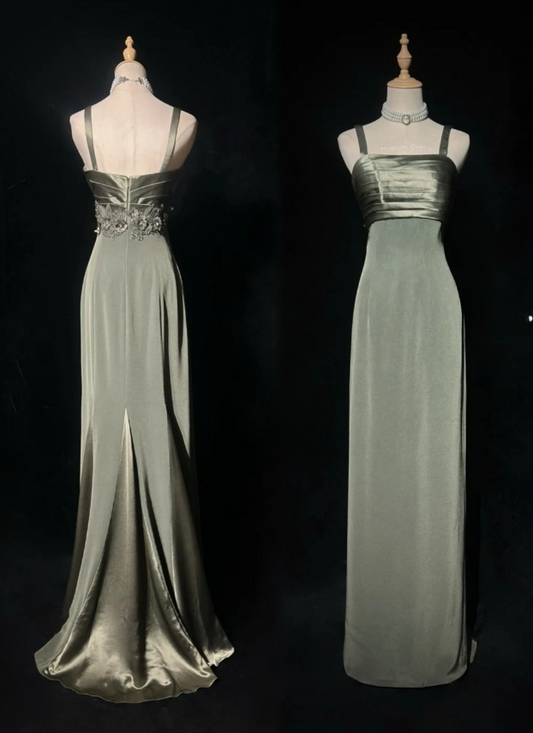 Chic Green Long Prom Dress Chiffon Straps Party Dress Sheath Sleeveless Evening Dress DP04881