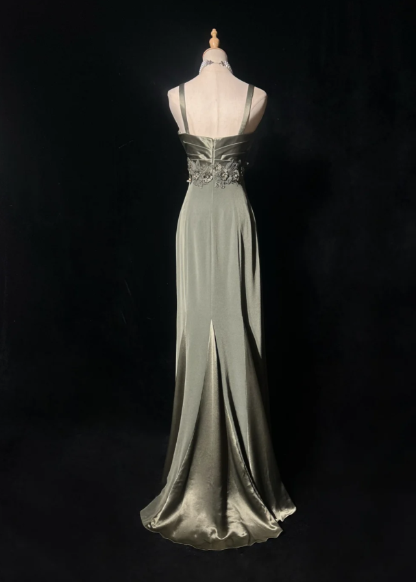 Chic Green Long Prom Dress Chiffon Straps Party Dress Sheath Sleeveless Evening Dress DP04881