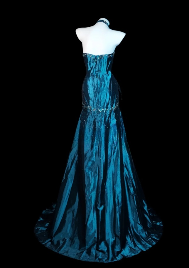 Chic Blue Long Prom Dress Satin Beaded Halter Party Dress Sheath Sleeveless Evening Dress DP04874