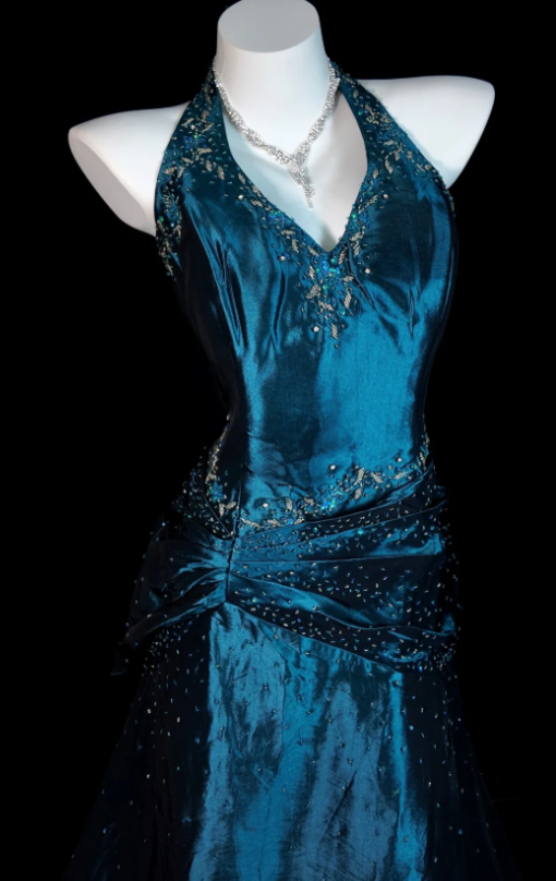 Chic Blue Long Prom Dress Satin Beaded Halter Party Dress Sheath Sleeveless Evening Dress DP04874