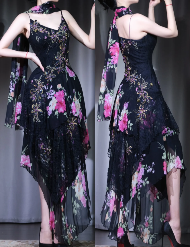 Chic Black Prom Dress, Printed Chiffon Beaded Party Dress, Sheath Sleeveless Evening Dress DP04886