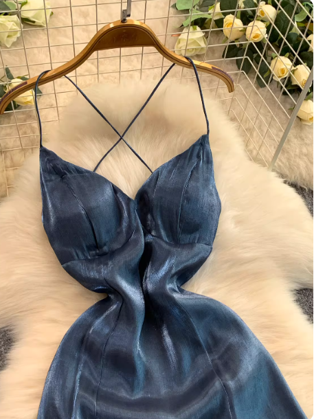 Chic Gray Blue Prom Dress Satin Spaghetti Straps Party Dress Sheath Sleeveless Evening Dress DP04887