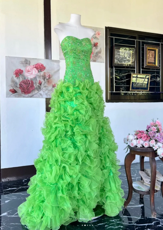 Chic Green Long Prom Dress Beaded Tulle Sweetheart Party Dress A-Line Sleeveless Evening Dress DP04888