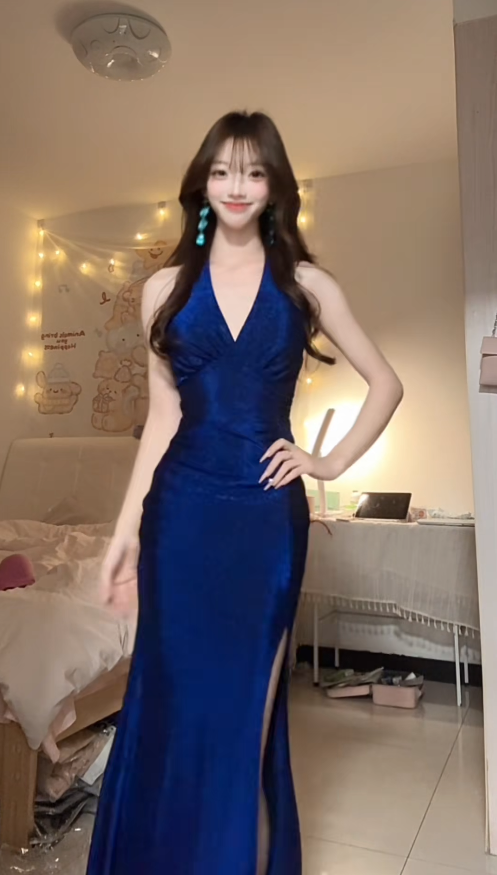 Chic Navy Blue Long Prom Dress Satin V-neck Party Dress Sheath Sleeveless Evening Dress with Slit DP04892