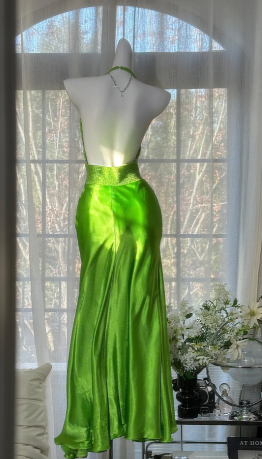 Chic Green Long Prom Dress Beaded Satin Halter Birthday Dress Sheath Sleeveless Evening Dress DP04895