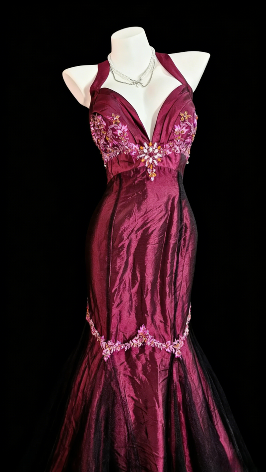 Chic Grape Long Prom Dress Satin Halter Birthday Dress Mermaid Sleeveless Evening Dress DP04897