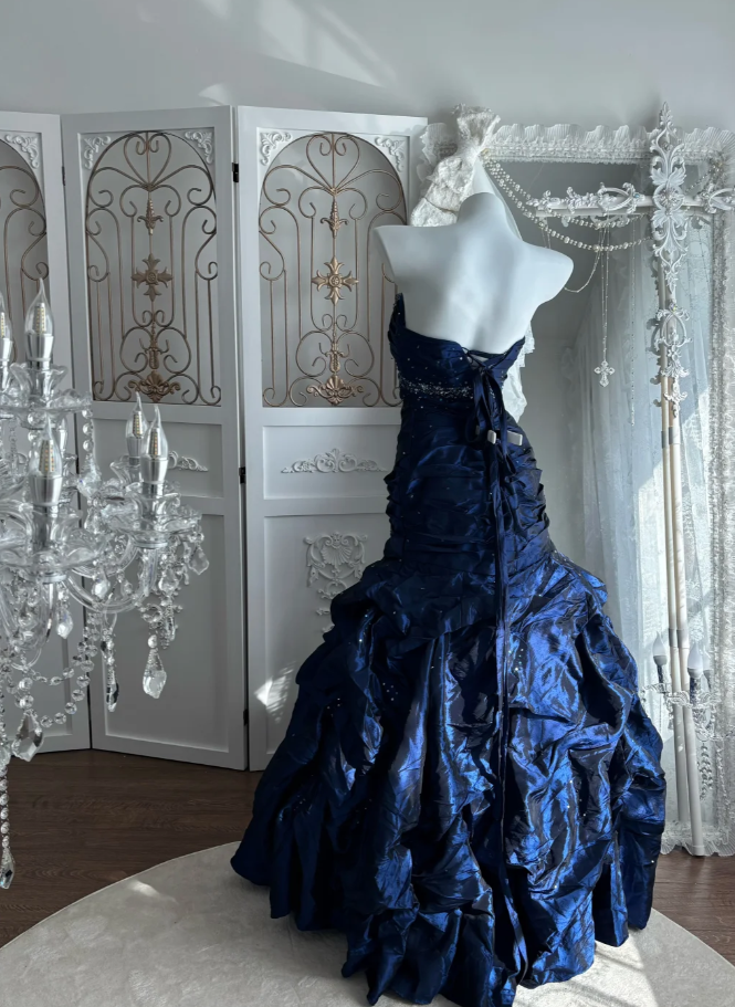 Gorgeous Navy Blue Long Prom Dresses Taffeta Strapless Sheath Evening Dress Sleeveless Birthday Outfit DP04901