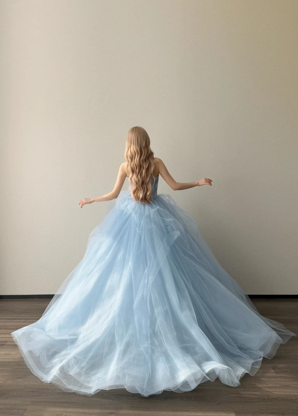 Cute Pale Blue Long Prom Dresses Tulle A-line Evening Dress Strapless Birthday Dress DP04915