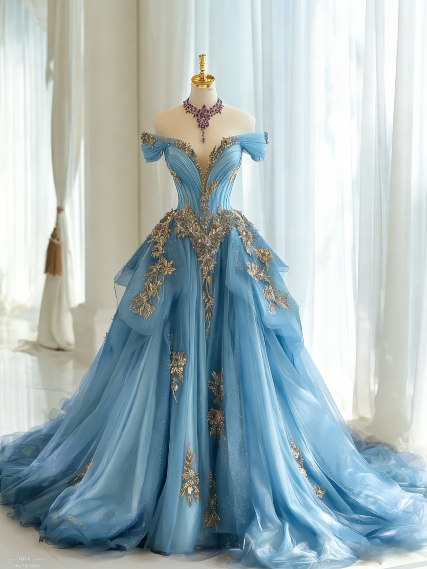 Cute Blue Long Prom Dresses Appliques Tulle A-line Evening Dress Off-shoulder Birthday Dress DP04916