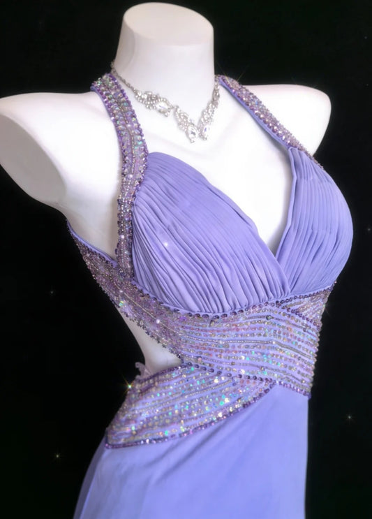 Elegant Lilac Long Prom Dresses Chiffon Beaded V-neck Mermaid Evening Dress Backless Party Dress DP04919