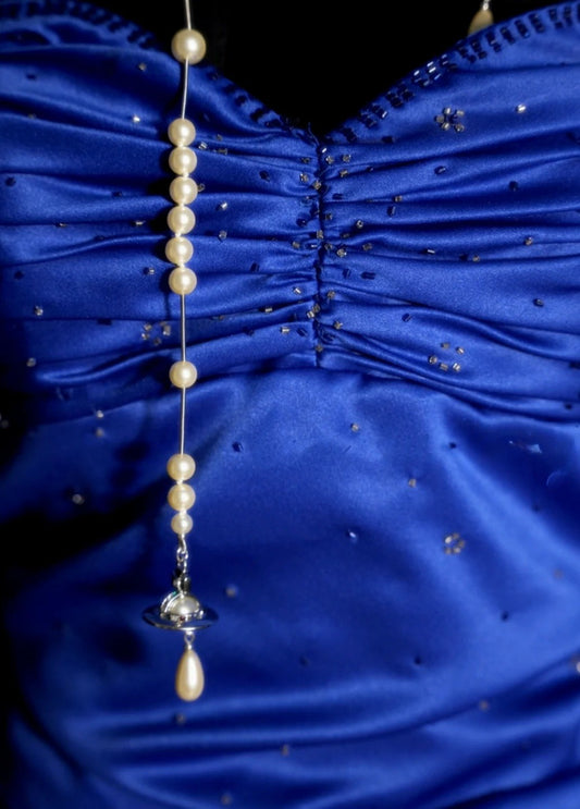 Elegant Royal Blue Long Prom Dresses Satin Beaded Sweetheart A-Line Evening Dress Sleeveless Party Dress DP04921