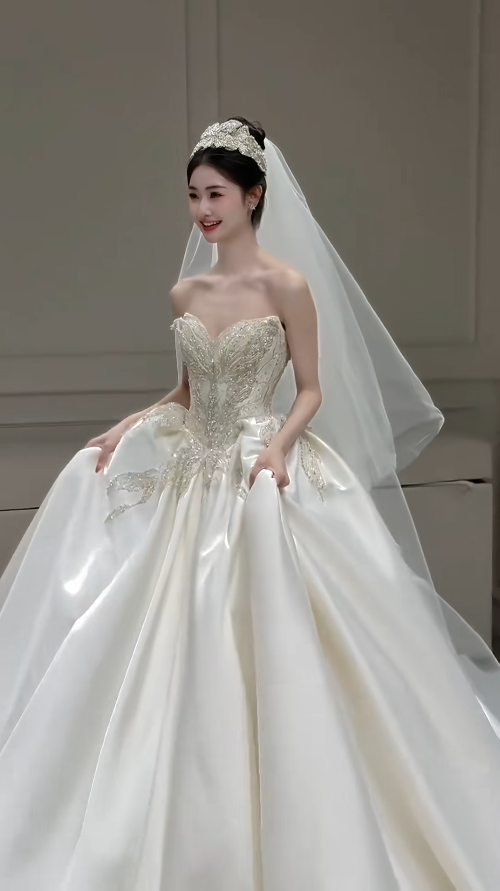 Timeless A-Line Long Wedding Dress Sweetheart Satin Beaded White Bridal Dress Sleeveless Bridal Gowns DP04940