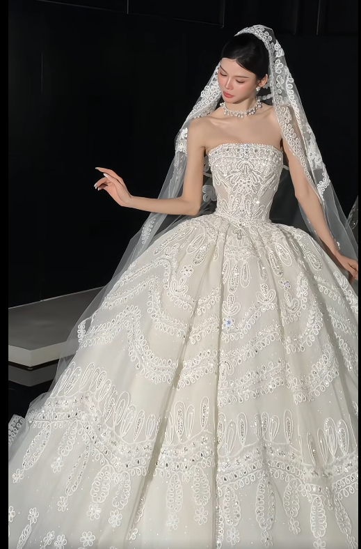 Luxury A-Line Long Wedding Dress Strapless Beaded Applqiues Tulle White Bridal Dress Sleeveless Bridal Gowns DP04946