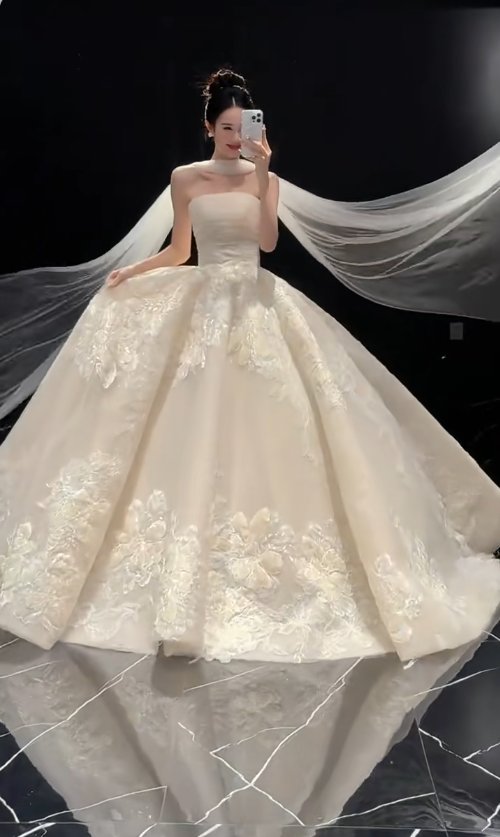 Luxury A-Line Long Wedding Dress Strapless Applqiues Tulle White Bridal Dress Sleeveless Bridal Gowns DP04947