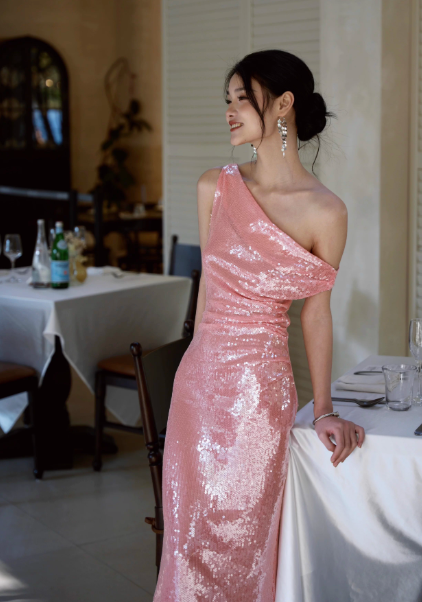 Sexy Pink Long Prom Dress Off-shoulder Sheath Evening Dress Sequins Sleeveless Birthday Dress DP04952