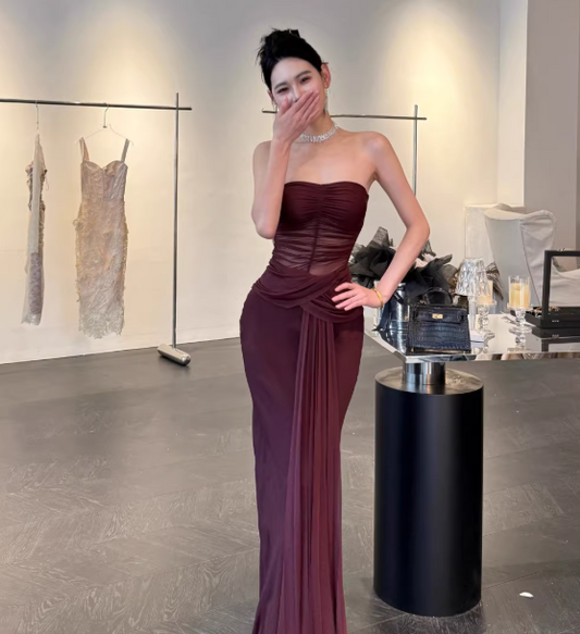 Sexy Burgundy Long Prom Dress Strapless Sheath Evening Dress Chiffon Sleeveless Birthday Dress DP04955