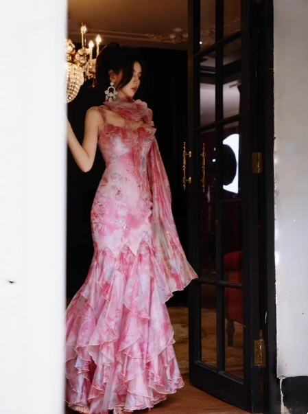 Fairy Floral Long Prom Dress Spaghetti Straps Sheath Evening Dress Chiffon Sleeveless Birthday Dress DP04956