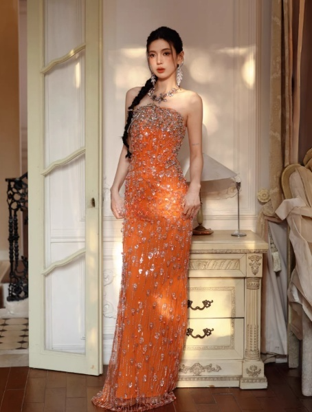 Fairy Orange Long Prom Dress Strapless Sheath Evening Dress Beaded Tulle Sleeveless Birthday Dress DP04957