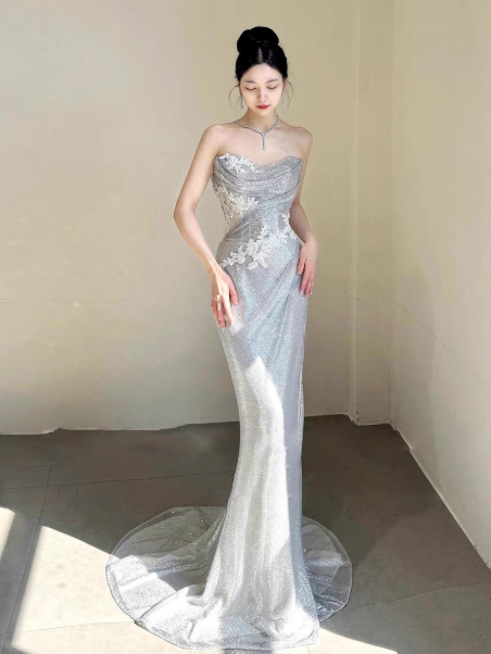 Sexy Sliver Long Prom Dress Sweetheart Sheath Evening Dress Sequins Tulle Sleeveless Birthday Dress DP04959