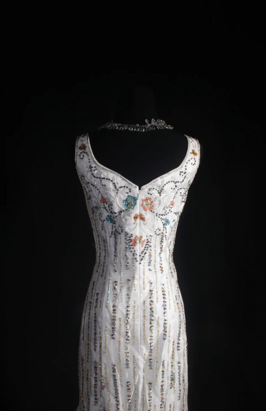 Vintage White Long Prom Dress Straps Mermaid Evening Dress Sequins Beaded Tulle Sleeveless Birthday Dress DP04961