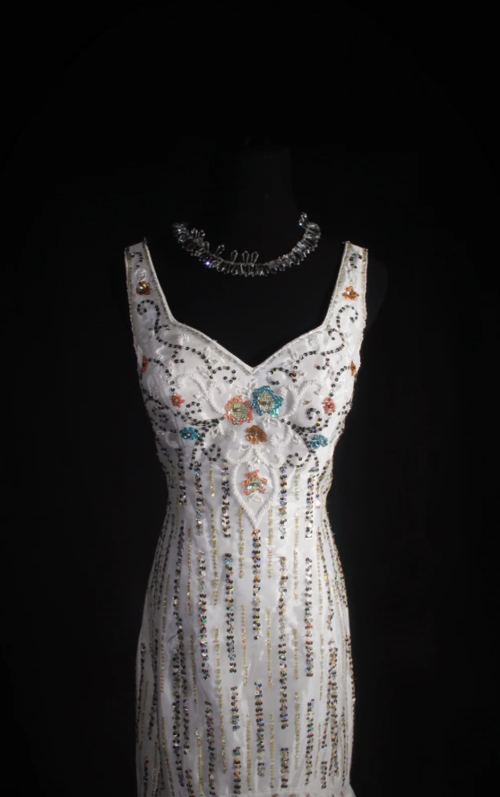 Vintage White Long Prom Dress Straps Mermaid Evening Dress Sequins Beaded Tulle Sleeveless Birthday Dress DP04961