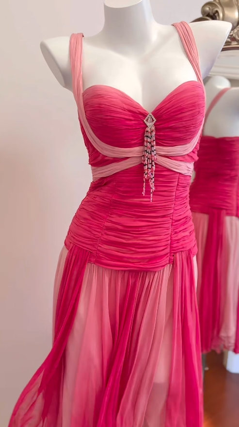 Vintage Pink Short Prom Dress Straps Sheath Evening Dress Chiffon Sleeveless Birthday Dress DP04962