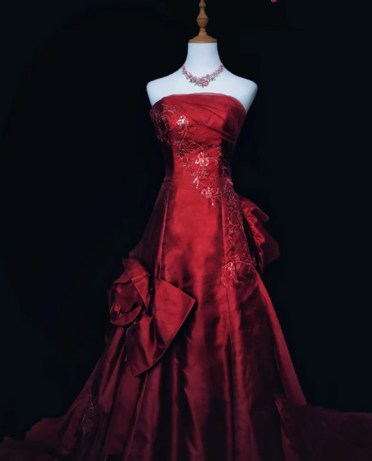 Chic Burgundy Long Prom Dresses Satin Strapless A-Line Evening Dress DP04969