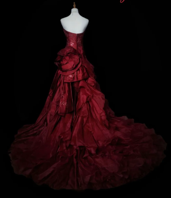 Chic Burgundy Long Prom Dresses Satin Strapless A-Line Evening Dress DP04969