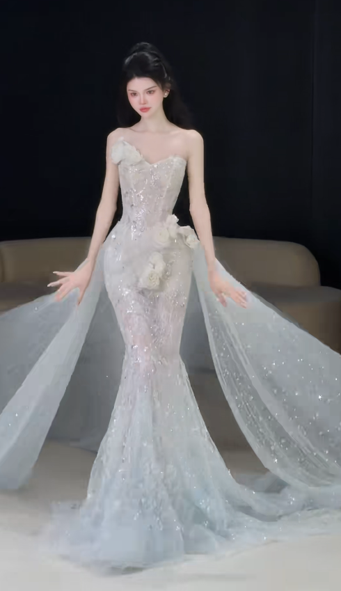 Elegant Mermaid Long Wedding Dress Tulle Sweetheart Bridal Gowns Sleeveless Bridal Dress DP04976