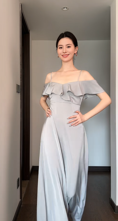 Chic Gray Bridesmaid Dress Satin A-Line Sleeveless Wedding Guest Dress Off-shoulder Evening Dress DP04988