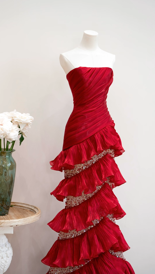 Chic Burgundy Long Prom Dress Tulle Beadd Sheath Evening Dress Sleeveless Party Dress DP04993