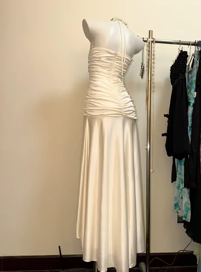 Chic White Long Prom Dress Satin Halter Sheath Evening Dress Sleeveless Party Dress DP04994