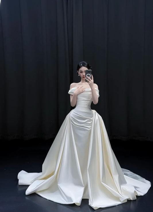 Elegant Sheath Long Wedding Dress Off-shoulder Satin White Bridal Gown Cup Sleeves Bridal Dress DP05001