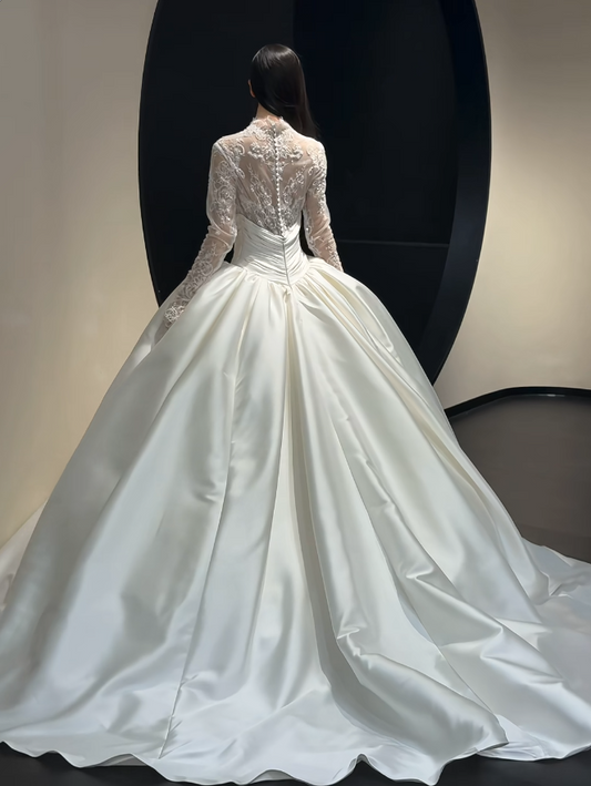 Elegant A-Line Long Wedding Dress Satin V-Neck White Bridal Gown Long Sleeves Bridal Dress DP05004
