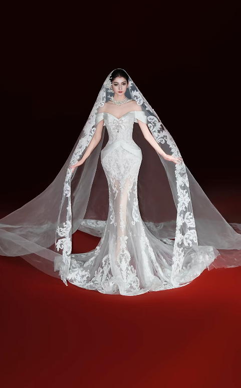 Timeless Mermaid Long Wedding Dress Tulle Appliques White Bridal Gown Cup Sleeves Bridal Dress DP05008