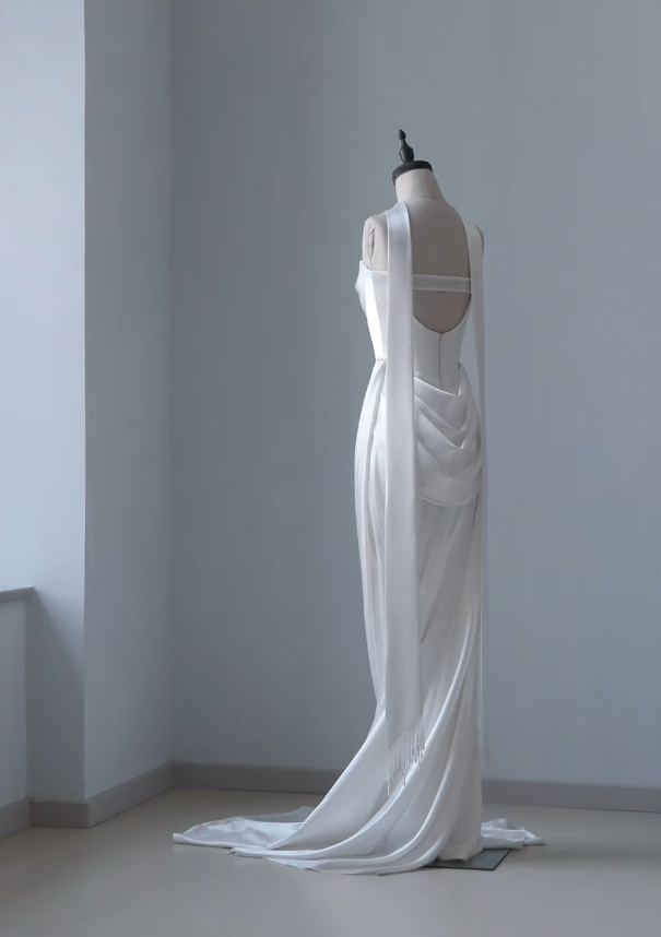 Timeless Sheath Long Wedding Dress Satin Strapless White Bridal Gown Sleeveless Bridal Dress DP05010