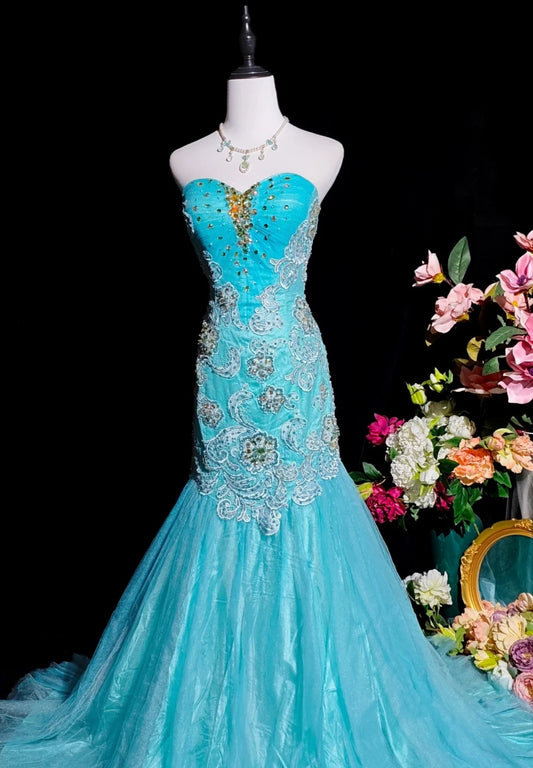 Cute Blue Long Prom Dress Tulle Appliques Mermaid Evening Dress Sleeveless Birthday Dress DP05019
