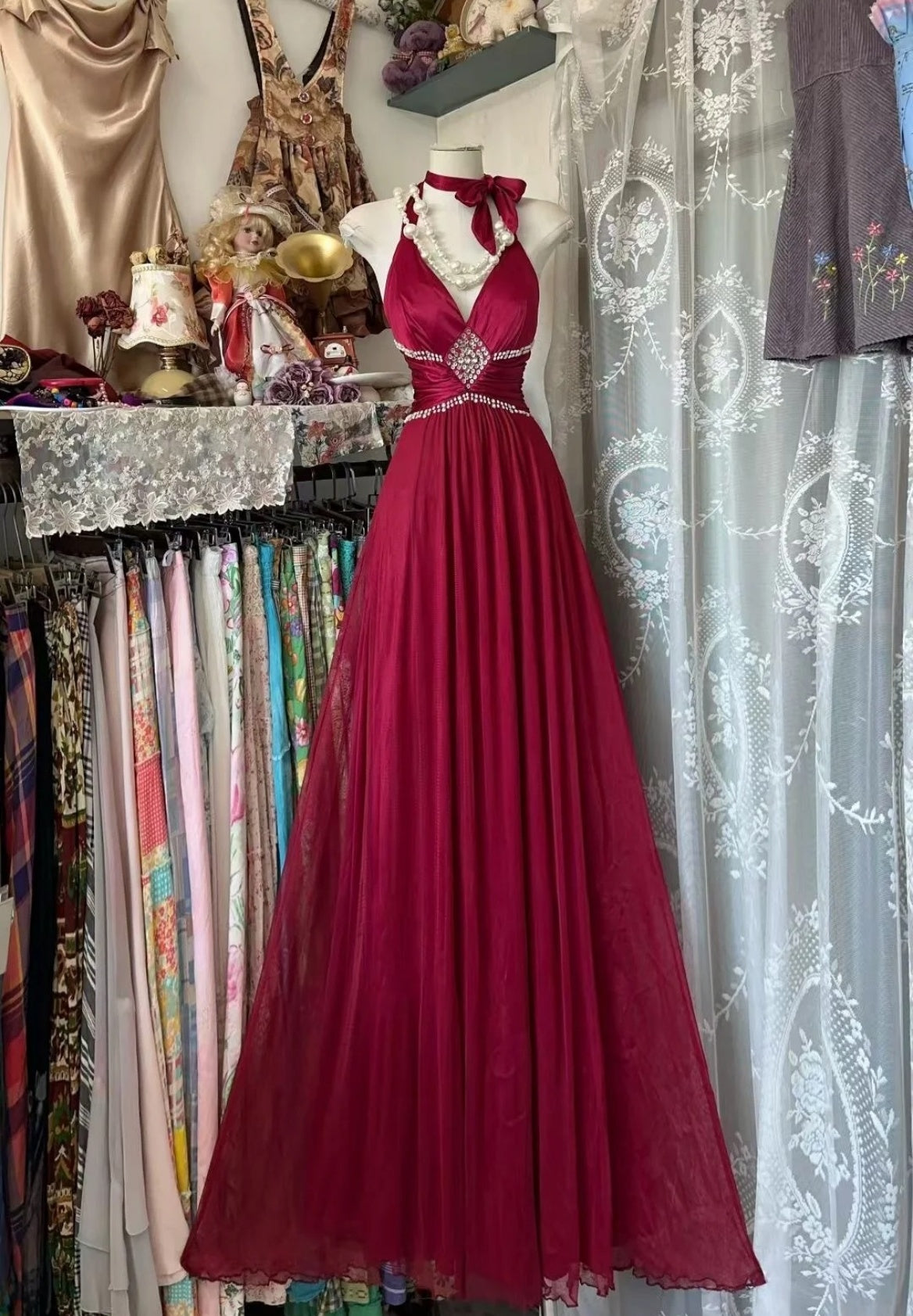 Glam Sleeveless Wedding Guest Dress Satin Halter Sheath Evening Dress Red Prom Dress DP05027