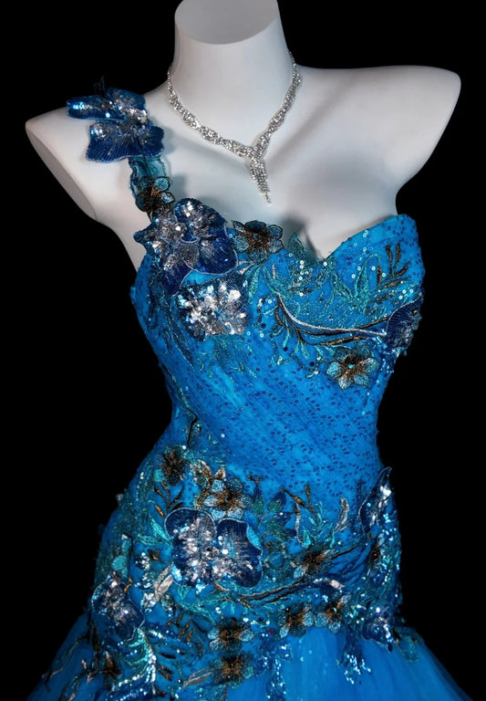 Sweet Blue Prom Dress Strapless Tulle Sequins Appliques Mermaid Long Evening Dress DP05035