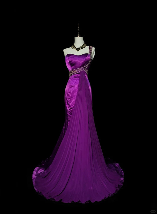 Chic Purple Prom Dress One-shoulder Sheath Evening Dress Satin Sleeveless Party Dress DP05036