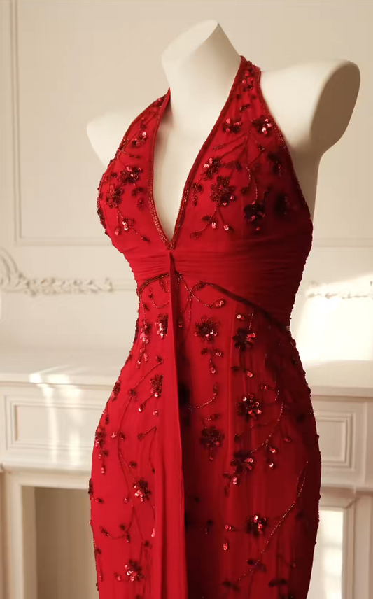 Chic Red Prom Dress V-neck Sheath Evening Dress Chiffon Beaded Sleeveless Party Dress DP05038