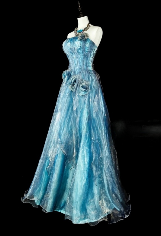 Chic Blue Prom Dress Strapless A-Line Long Evening Dress Tulle Appliques Sleeveless Party Dress DP05041