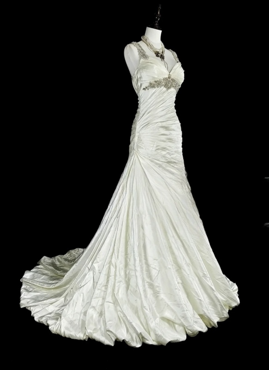 Chic White Prom Dress Straps Sheath Long Evening Dress Satin Sleeveless Formal Dress DP05042